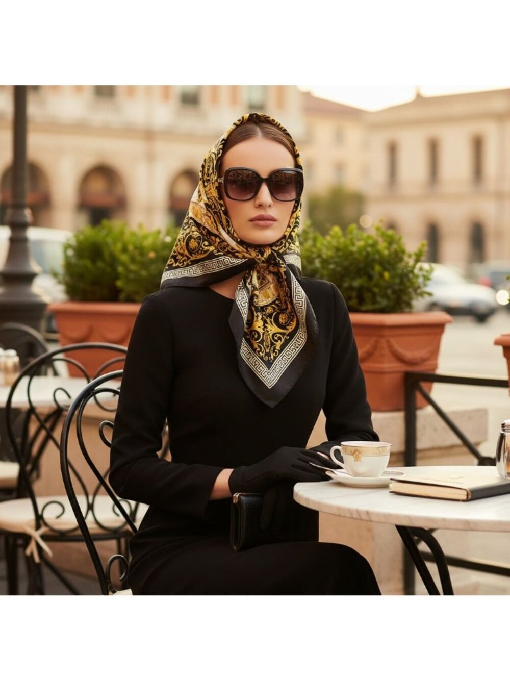 Luxury Gold Baroque Satin Square Scarf for Women – Black & Gold Ornate Chain - Picture 5 of 7